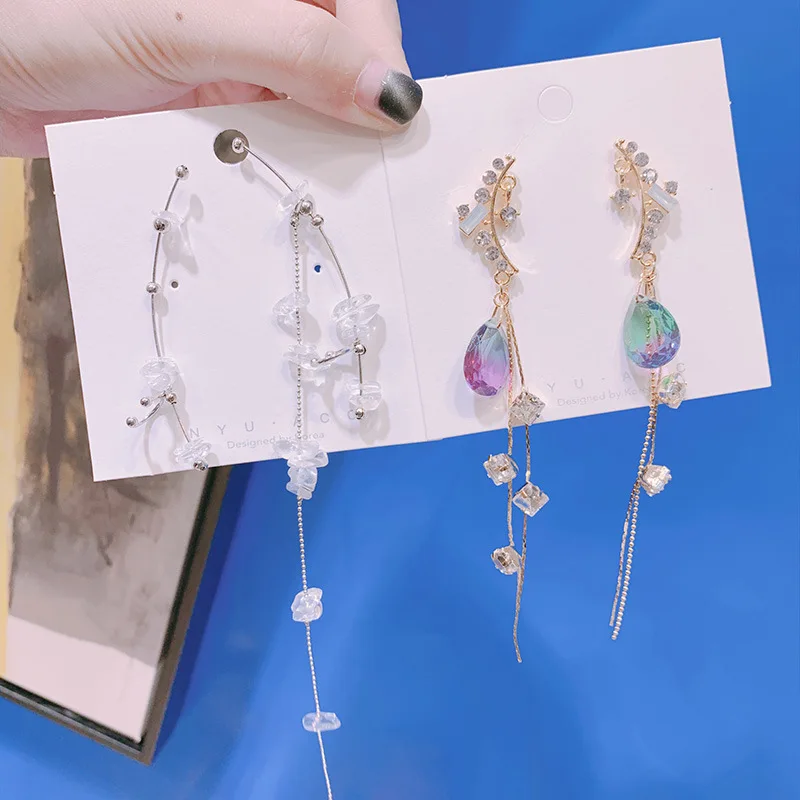 

Korean Fashion Sweet Lady Temperament Crystal Long Tassel Earrings Super Fairy Personality Asymmetry Silver Needle Jewelry