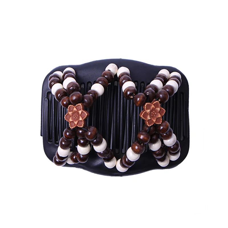 Butterfly Simulated Wood Bead Stretchy Hair Combs Double Magic Slide Comb Clip Hairpins For Women Clamp Pins Hair Accessories