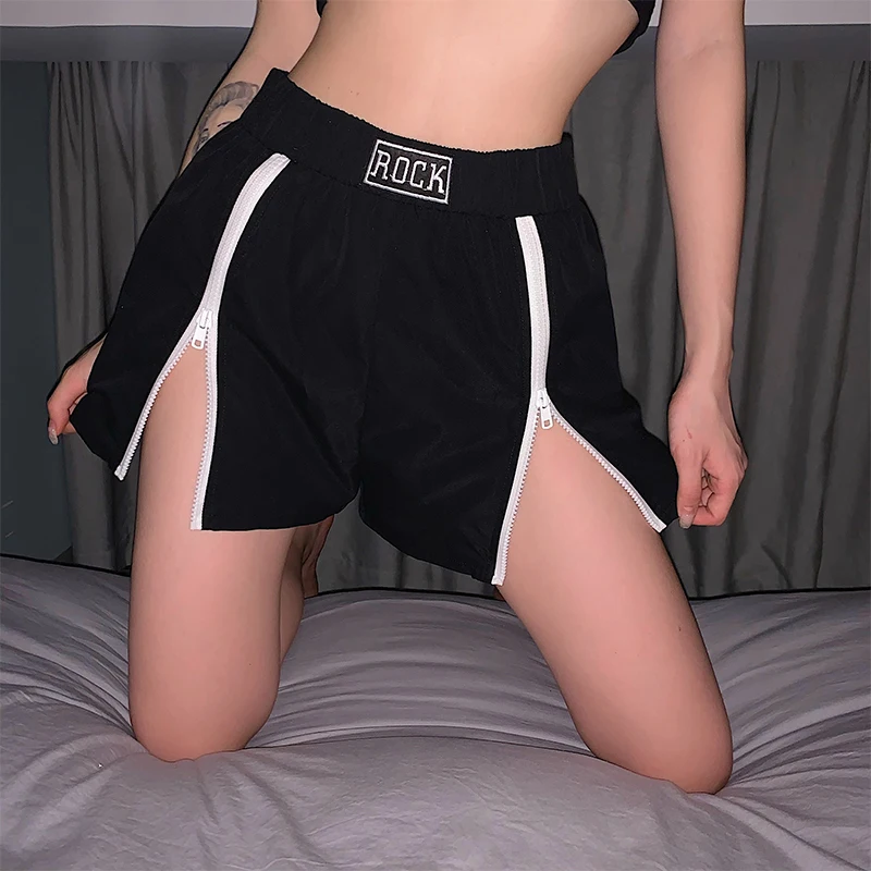 HIGAREDA  Zipper Split Side Harajuku Black High Waist Shorts Women Fashion Casual Punk Embroidery Short Pants Ladies Streetwear