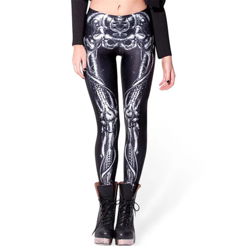 European American digital female mechanical skeleton printed leggings Workout Push Up Fashion Running sweat-absorbent sexy hip - Цвет: Черный