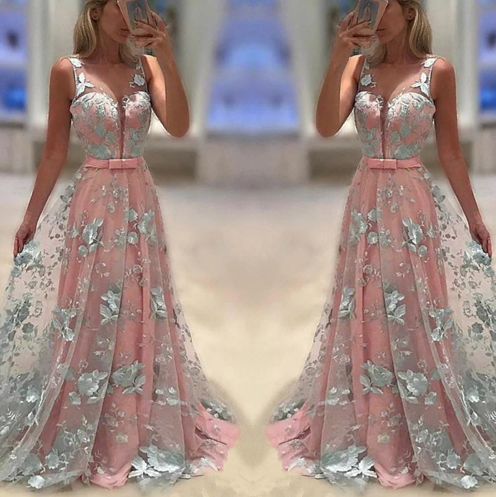 

Hot Selling Big Hemline WOMEN'S Dress V-neck Elegant Debutante Bow Dress Gauze Embroidered Double Layer Banquet Formal Dress