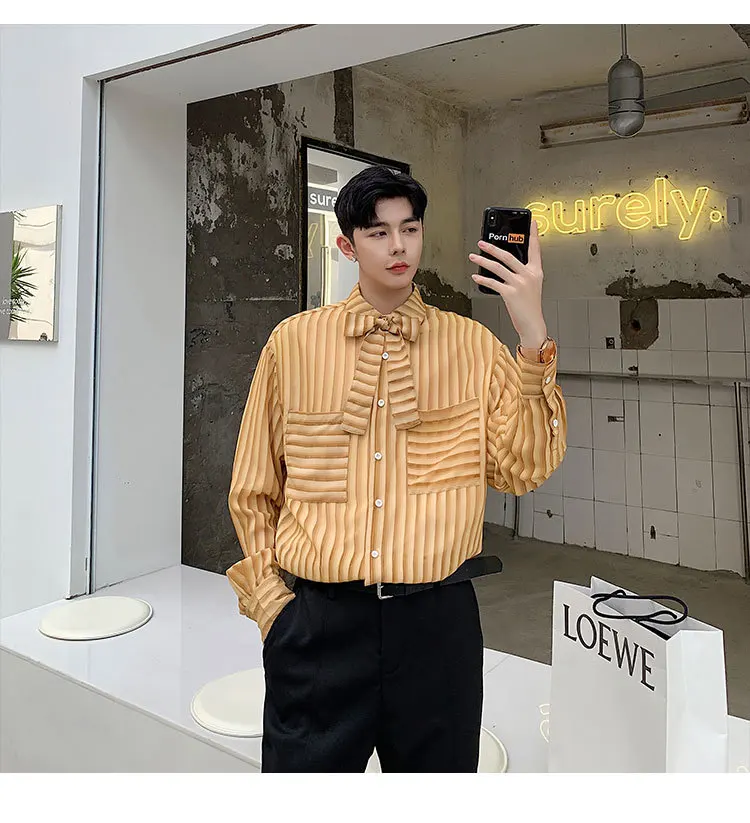 Осенний японский стиль с множеством сумок галстук украшение из шелка в полоску простой человек длинный рукав мужская рубашка тонкий полосатый синий желтый