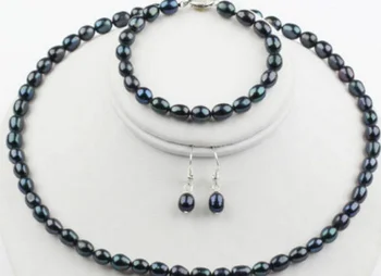 

Beautiful New 7-8mm Black Freshwater Pearls Necklace, Bracelet and Earrings Set natural Luxury Ms. girl Wedding Jewelry