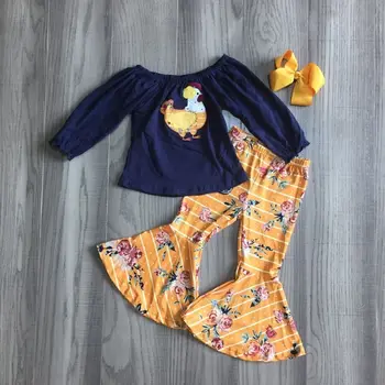 

girlymax baby Girl Fall clothes girls hen raglan floral bell-bottoms pant girls fall outfits with bow