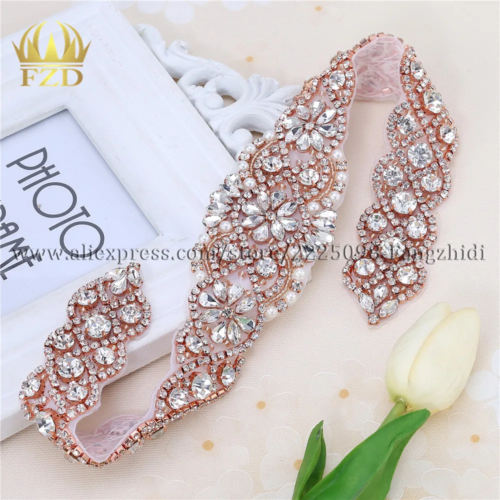 

FZD 10 Pieces Handicraft Sew on Rose Gold Beaded Crystal Applique Rhinestones Decorative Trim for Bridal Dress Sash or Headbands