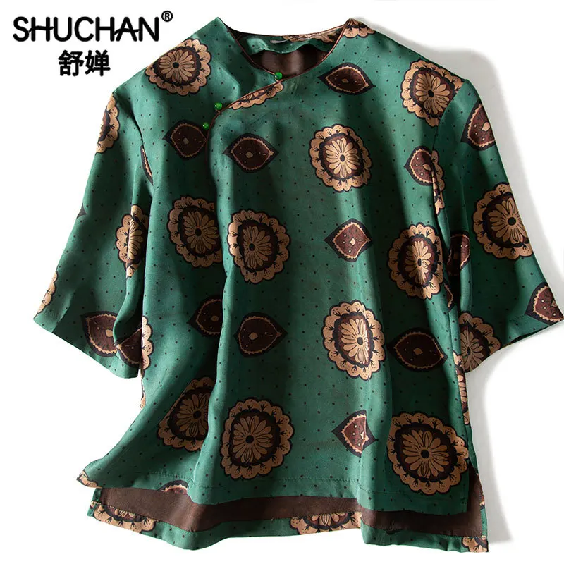 

Shuchan Chinese Style Silk Blouse 2019 Women Short Sleeve Green Yellow Print Twill Blusas Femininas Elegante O-Neck Shirts Woman