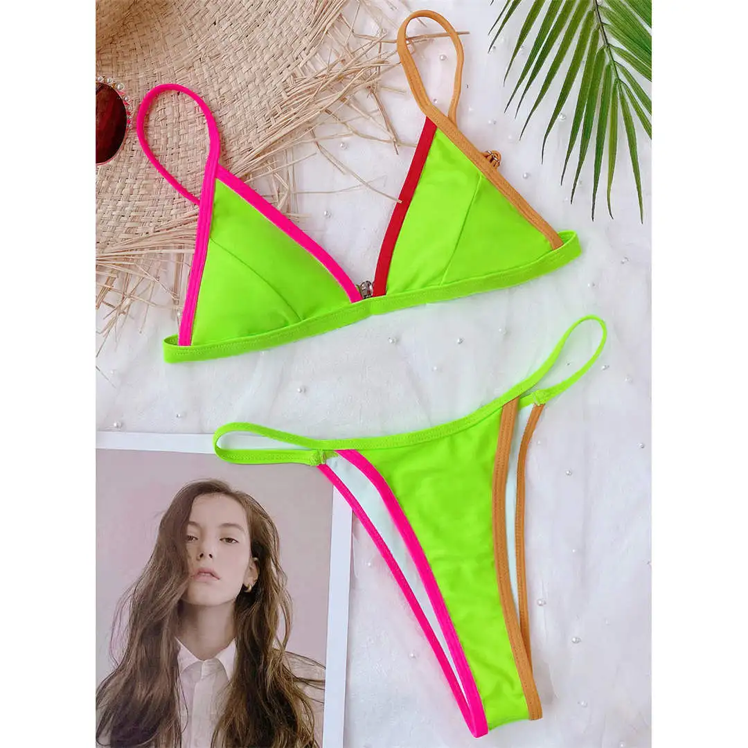 2020 Neon Green Bikini Women Swimwear Female Swimsuit Two-pieces Bikini set High Leg Cut Thong Bather Bathing Suit Swim V2445
