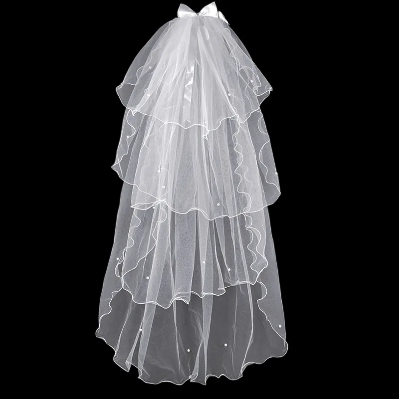 

New Design White Ivory Wedding 4 Layers Bridal Veil Tulle Pencil Edge with Comb Pearls