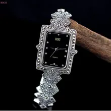 S925 стерлингового серебра ювелирные часы браслет точность инкрустированные марсельским камнем Ретро Прямоугольный циферблат часы браслет для мужчин