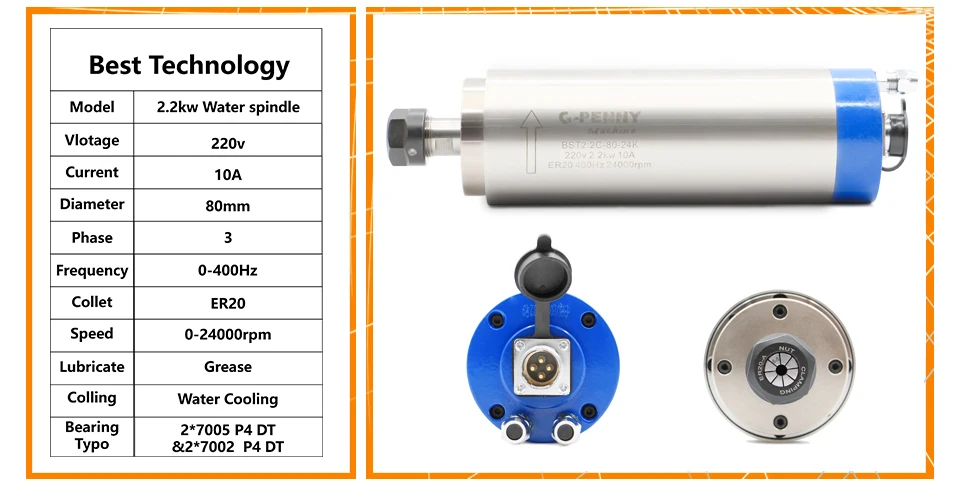 220 v/380 v CNC ER20 80mm CNC с водяным охлаждением 4 шт подшипники шпинделя 2.2kw драйвер частоты VFD с 80 мм зажимной кронштейн водяной насос