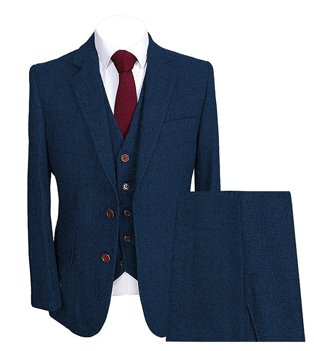 Royal Blue Мужские костюмы из 3 предметов, костюм с узором «елочка», мужские твидовые мужские свадебные костюмы, мужские(пиджак+ жилет+ брюки - Цвет: Royal Blue