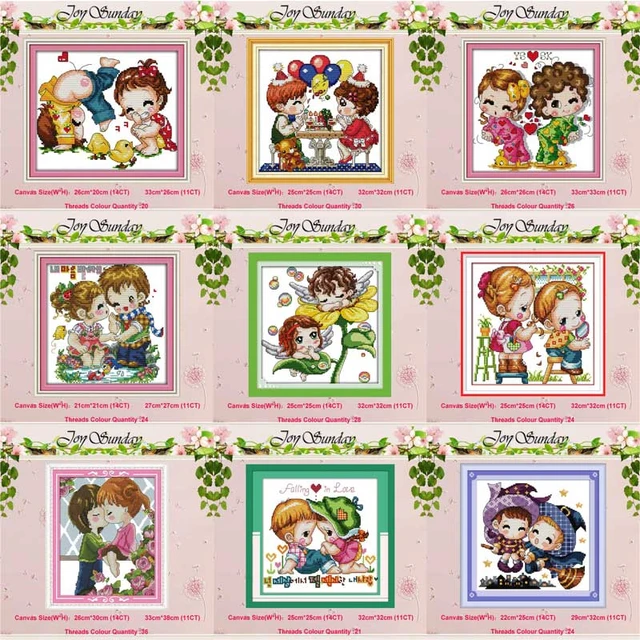 Joy sunday cartoon style A cute couple christmas cross stitch free patterns  kits for children easy needlepoint - AliExpress