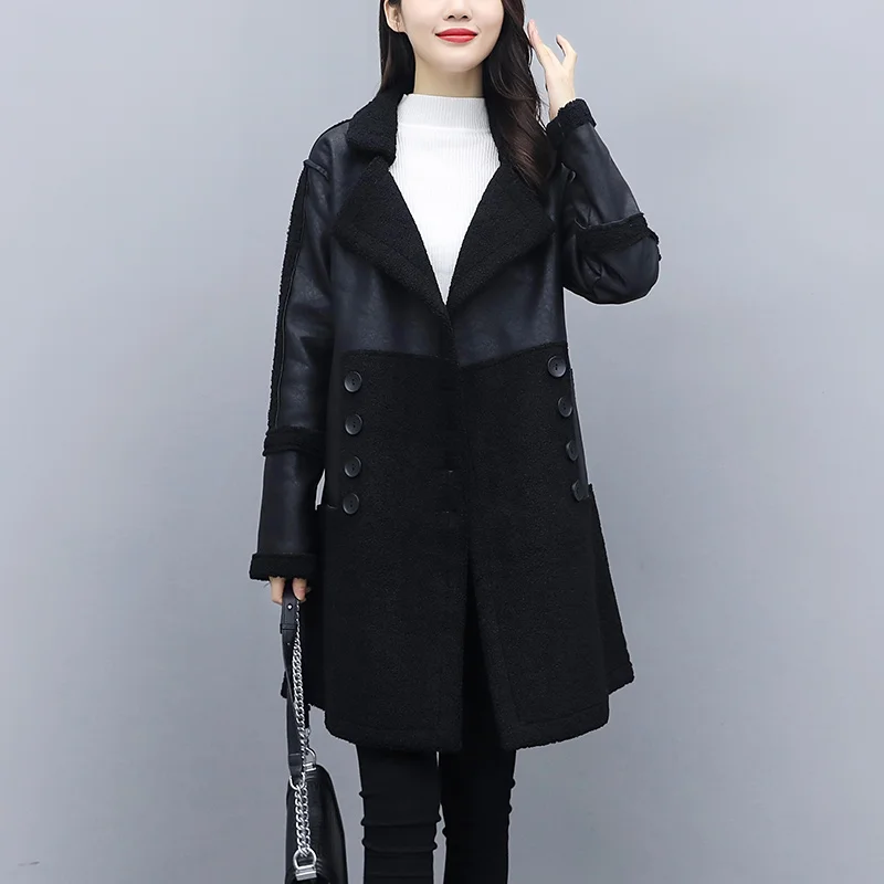 

Women Splicing Sheepskin Coat Thick Warm Faux Lampskin Long Casual Overcoat Winter Fall Fashion Trench Coats Outerwear