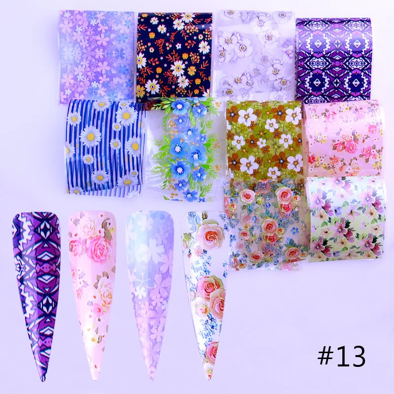 10 видов конструкций наборы лазерных фольг для ногтей градиентные Звездные бумажные Цветочные кружевные наклейки маникюрные клеящиеся Обертывания для ногтей DIY лак для декора - Цвет: 13
