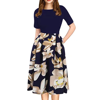 

OL Women Party Dresses Half Sleeve Round Neck Temperament Printing Pendulum DressWoman