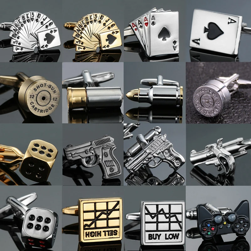 Crystal Cufflinks Playing Card Hammer Dice Pistol Men's Shirt Badge Pin Birthday Party Gift