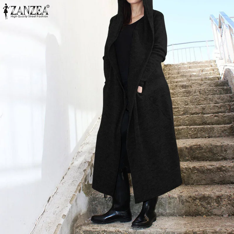 Модные женские толстовки с длинным рукавом Длинные пальто ZANZEA осенние однотонные свободные куртки повседневная верхняя одежда с капюшоном Femme открытый передний кардиган