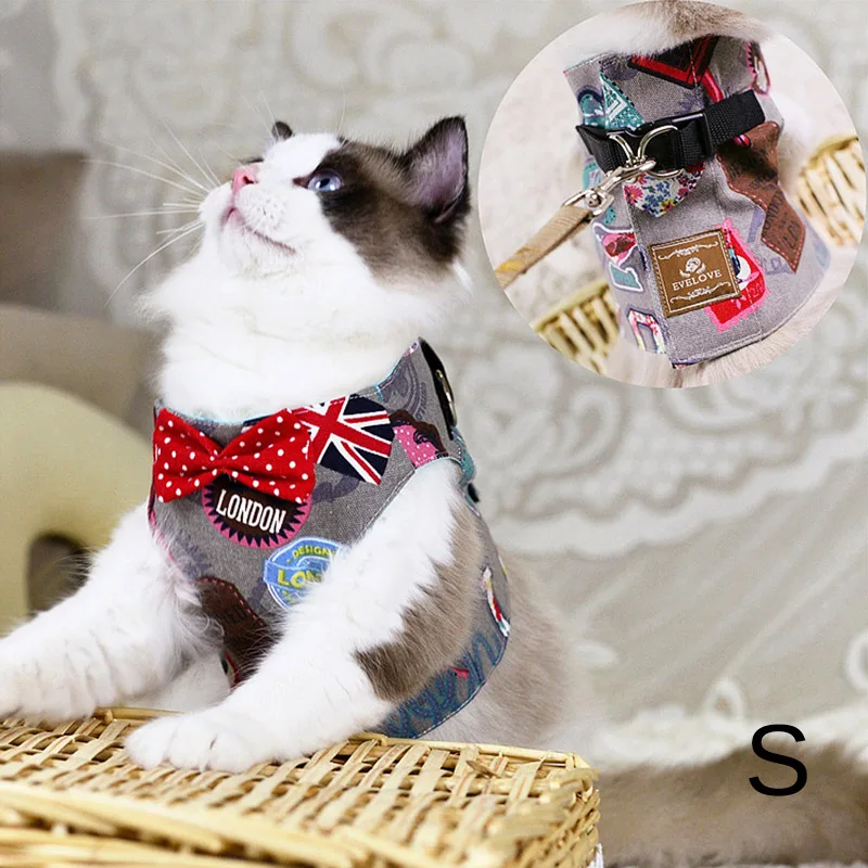 Black Cats Circle Dot Harness Leash Pet Traction Rope Embroidery Adjustable Walking Jacket Vest E2S - Цвет: Black