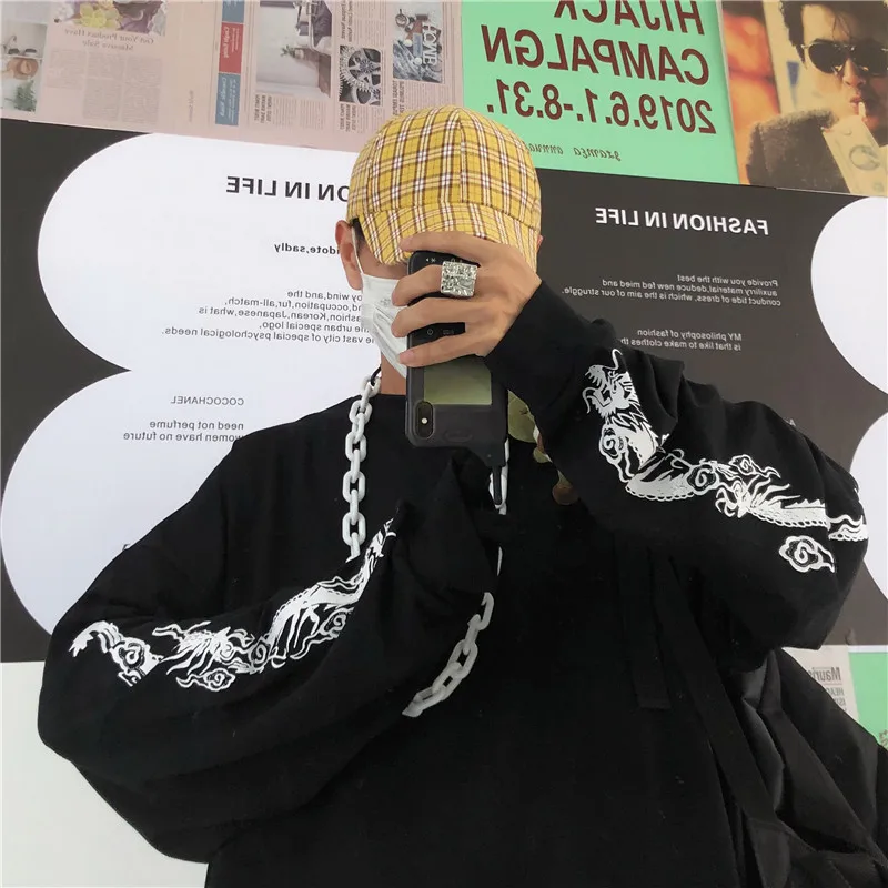 Новинка, женская футболка в стиле Харадзюку, хип-хоп, Рисунок дракона, длинный рукав, круглый ворот, черные, белые, свободные, повседневные футболки, женские пуловеры, тройники