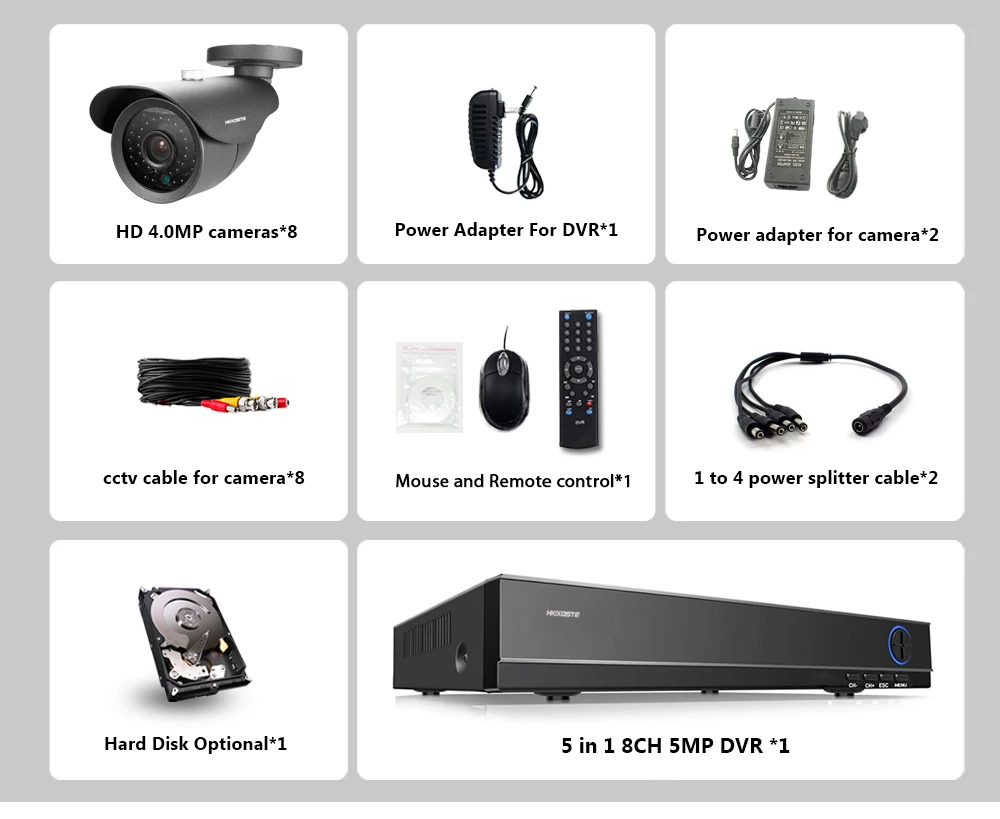 HKIXDISTE HD 8CH 5MP 5IN 1 AHD DVR 4.0MP система камер безопасности 8*4,0 Мп наружное ночное видение CCTV домашняя система безопасности 2 ТБ HDD