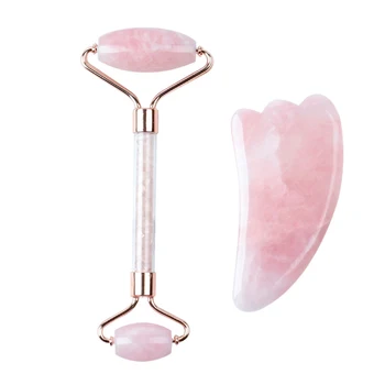 

Pink Crystal Jade Roller Massager Heart-Shaped Scraping Board 2 In 1 Set For Lifting Face And Body Scraping Beauty Skin CareTool