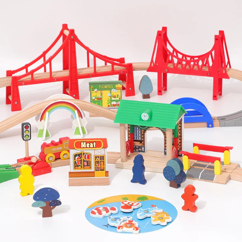 나무 기차 트랙 세트 전기 자기 기차 철도 장난감 브랜드 트랙과 호환 가능 어린이 선물용 교육용 장난감