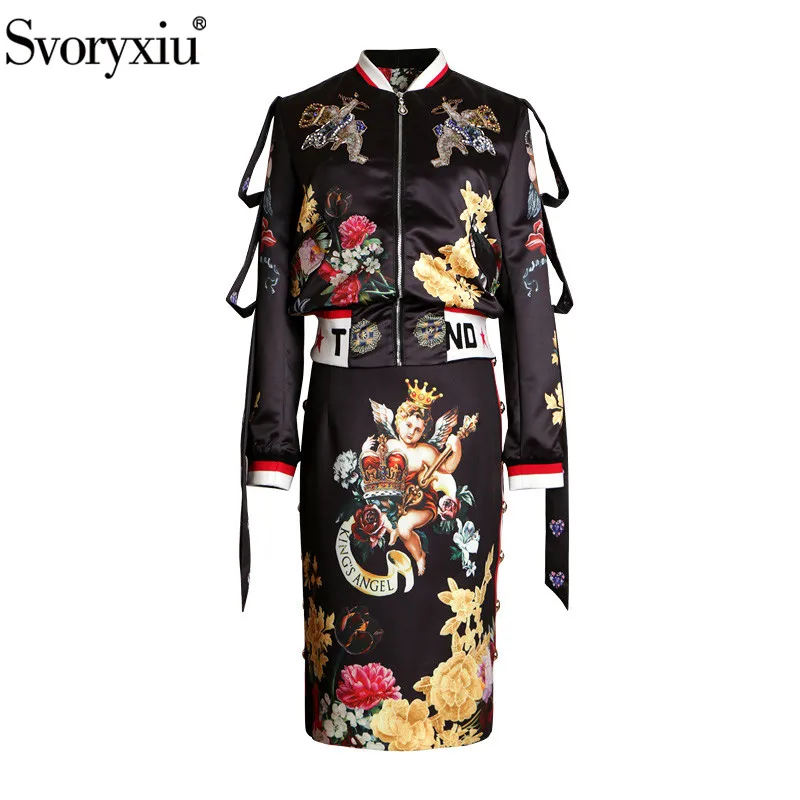 Preise Svoryxiu Vintage Angel Blume Print Schwarz Rock Anzug frauen Fashion Runway Herbst Winter Zwei Stück Set 2019 Neue