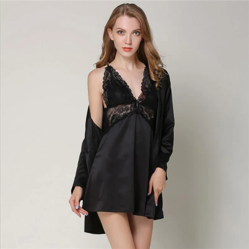 Пикантная пижама из искусственного шелка Женская юбка с лямками халат костюм 2