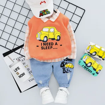 

Baby Boys Clothing Spring Autumn 3 Pcs Set Long-sleeved Plaid Shirt Cotton Vest Stretch Jeans Children Suit Cartoons Casual Wear