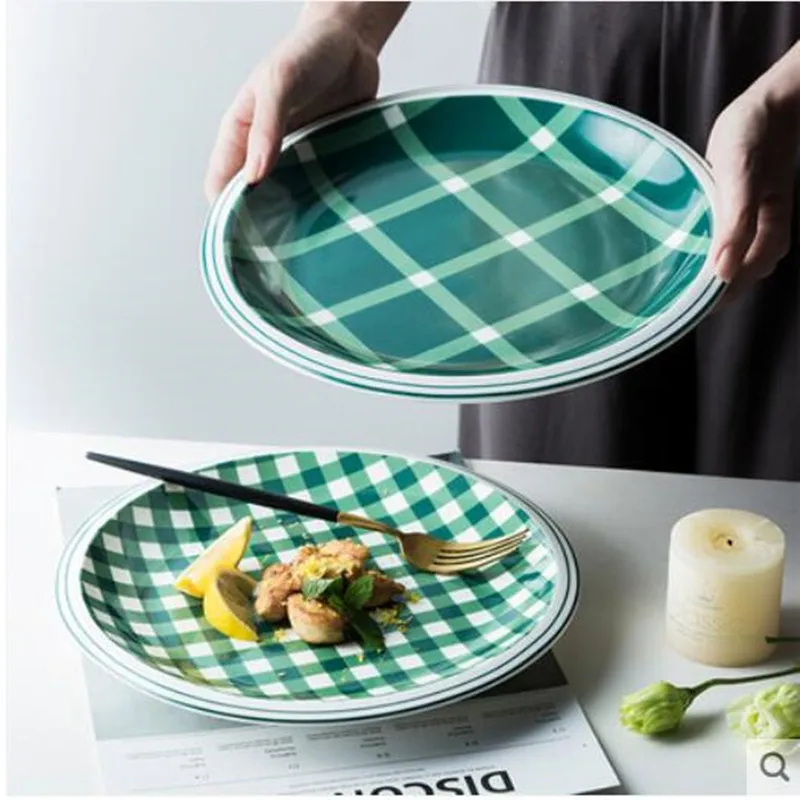 Набор тарелок в зеленую клетку, набор керамической кухонной посуды, набор кухонных блюд, миска для рисового салата, лапши, супа, кухонный инструмент для приготовления пищи, 1 шт
