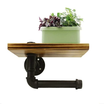 

Industrial Toilet Paper Holder with Wooden Shelf Metal Wall Storage Pipe Tissue Roll Hanger