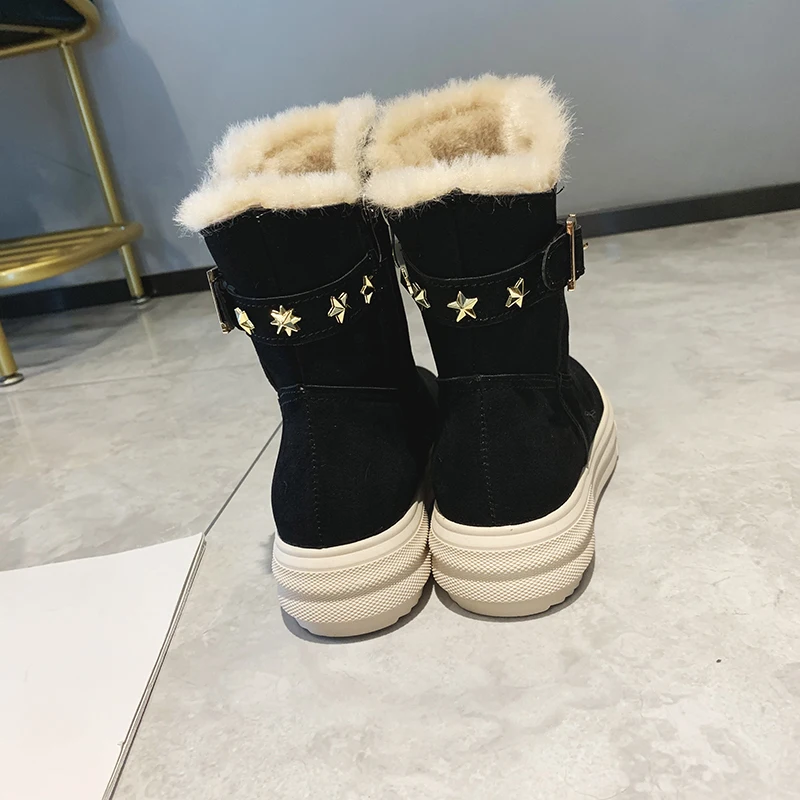 Fashion Mid-Calf Boots Women Winter Keep Warm Plus Velvet Short Boots Ladies Waterproof Women Shoes Belt Buckle Decoration