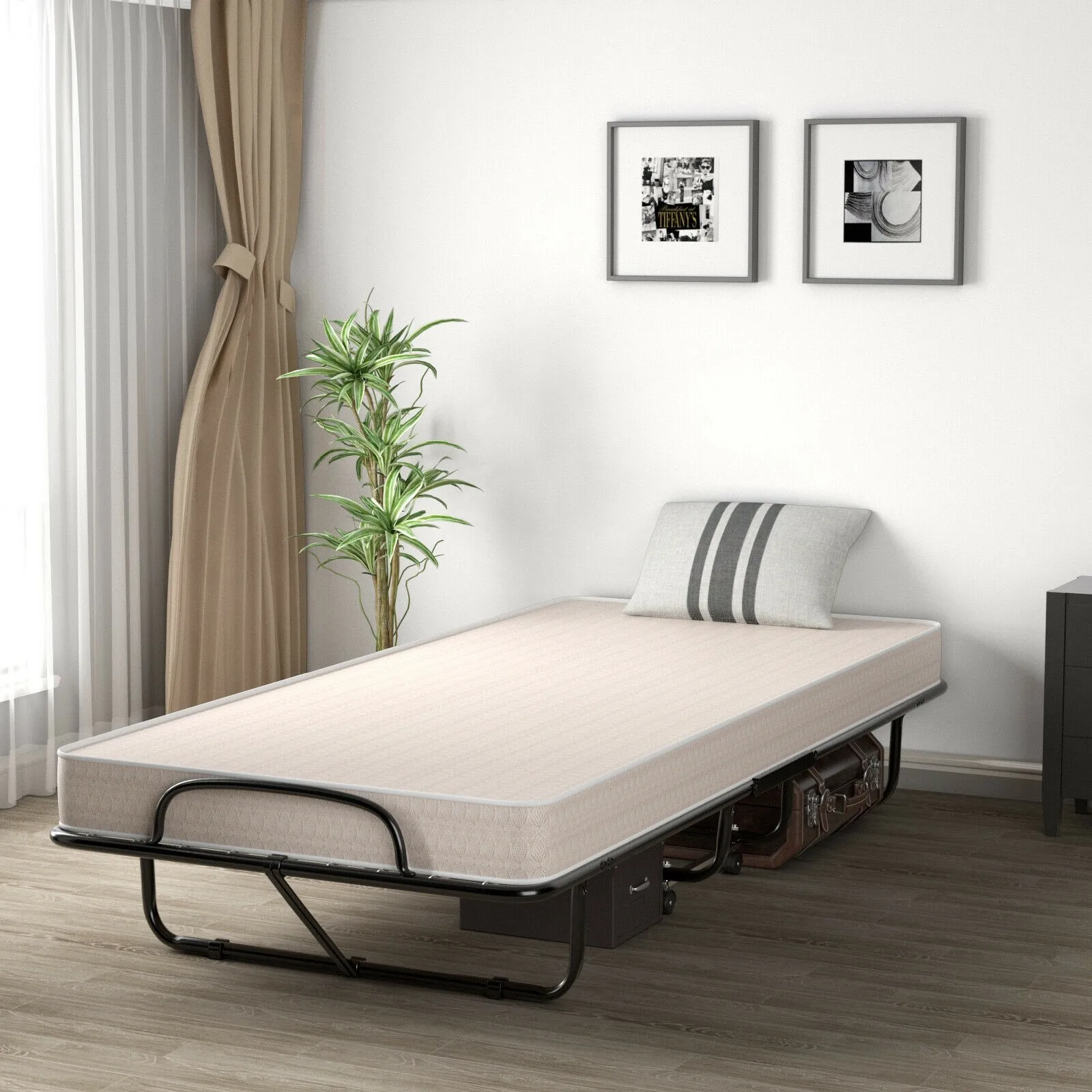 H.J WeDoo Marco de cama simple Cama plegable cama de invitados Base de Cama de Metal con ruedas extraíbles 90 x 196 cm negro 