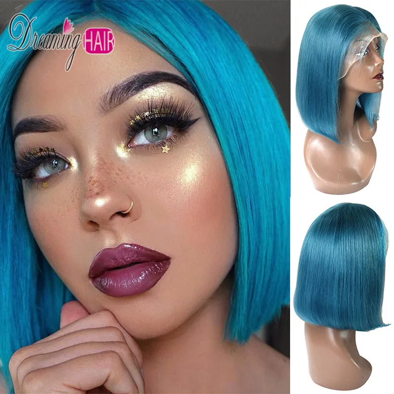 sky blue bob wig 13x6 синего Синтетические волосы на кружеве человеческие волосы парики предварительно вырезанные 613 Мёд фиолетовый зеленый темно-желтый эффектом деграде(переход от темного к Цветной парики из натуральных волос - Цвет волос: sky blue bob wig