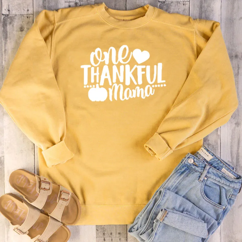 Yellow-white txt One thankful Толстовка Mama подарок матери на День Благодарения Женская мода с графикой для хипстеров хлопковый пуловер толстовки гранж Топы - Цвет: Yellow-white txt