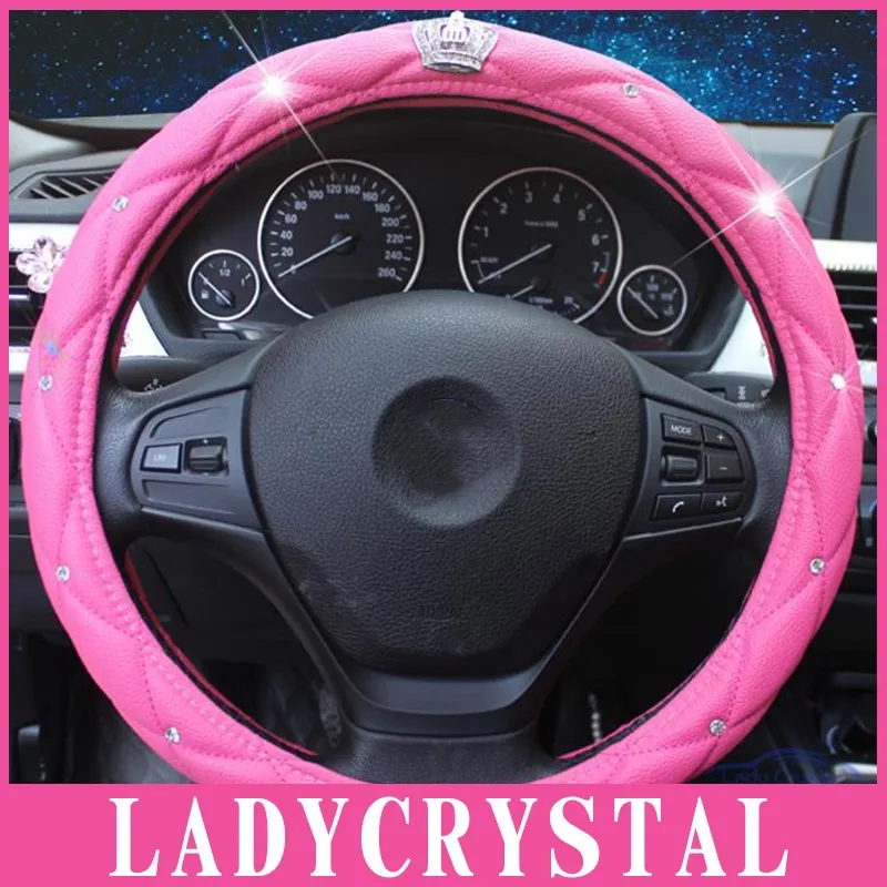 Ladycrystal с прозрачными кристаллами, блестящая корона, розовая мягкая кожаная крышка рулевого колеса автомобиля, перчатка для девушек, Дамская Хрустальная ручка - Название цвета: Rose