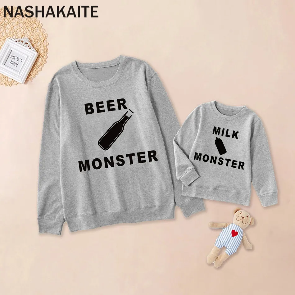 Gray NASHAKAITE/Одежда для папы и меня; пуловер с круглым вырезом; свитер с принтом «молоко и пиво» для папы, сына и дочки; одинаковые комплекты для семьи - Цвет: Gray