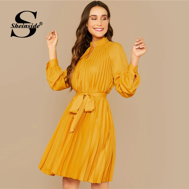 

Sheinside Yellow Lace Up Frilled Neck Pleated Dress Women 2020 Spring Belted Dresses Ladies Elegant Lantern Sleeve Dress