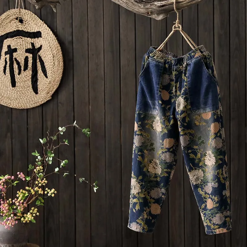 dark blue Осенние джинсы ретро женские джинсовые брюки с эластичной талией Новые женские повседневные джинсовые брюки с карманом и цветочным принтом свободные винтажные джинсовые брюки - Цвет: dark blue