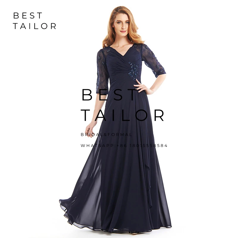Navy Blue Темно-синий шифон мать невесты платья для свадьбы v-образным вырезом кружевное с рукавом до локтя Плиссированные Свадебные праздничные платья с открытой спиной - Цвет: Navy Blue