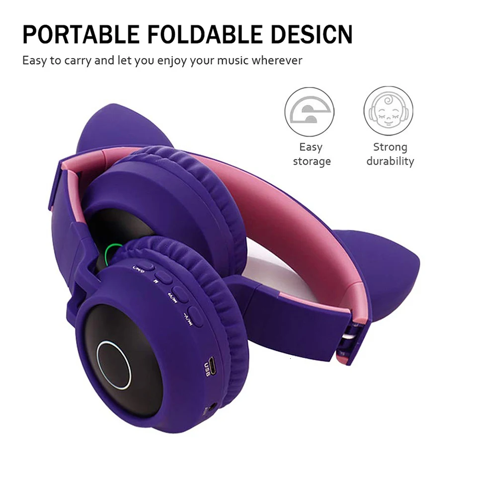 cute LED cat ear Headphones True Wireless Foldable earphones Bluetooth headset with microphone Support TF Card for phones laptop