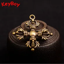  Brass Cross Four Strand Vajra Pestle Pendant Exorcising Demons Keychain Hanging Jewelry Retro Copper Tibetan Buddhist Keyrings 