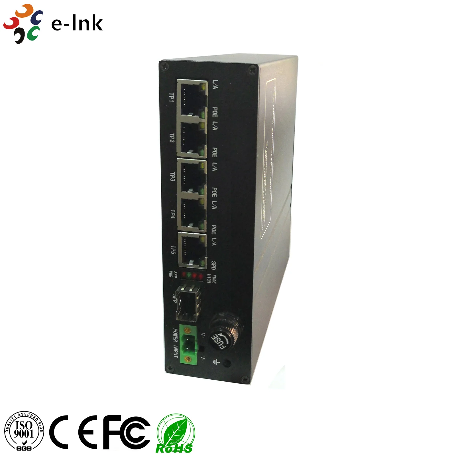 Industrial 5-port 10/100/1000BASE-T (4-port PoE+) + 1-port 1000BASE-FX SFP Ethernet Switch with 24VDC power input Industrial 5-port 10/100/1000BASE-T (4-port PoE+) + 1-port 1000BASE-FX SFP Ethernet Switch with 24VDC power input