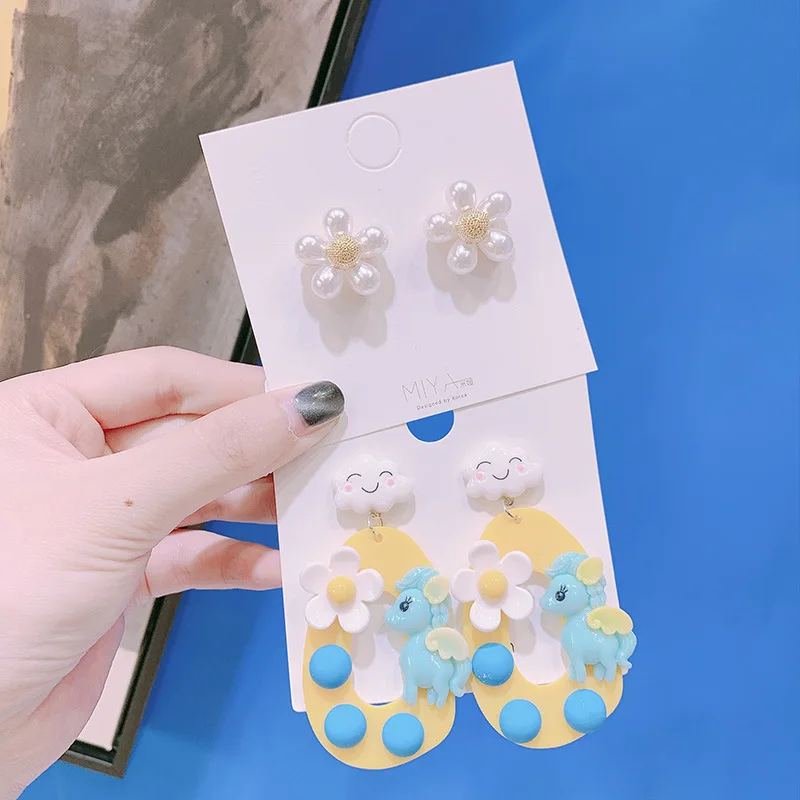

Korean Sweet Girl Personality Cute Cartoon Acrylic Cloud Unicorn Imitation Pearl Flower Earrings Fashion Jewelry Female