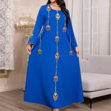 

Cartoons Embroidered Oversize Abaya Dress for Women Moroccan Kaftan Turkey Arabic Jalabiya Blue Islamic Ethnic Robe 2021 Eid New
