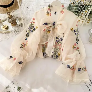 

2020 Spring Autumn New Embroidery Bow Women Blouses Floral Vintage Long Flare Sleeve Shirts