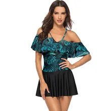 Новинка, сексуальный купальник-танкини с ретро принтом, женский купальник, плюс размер, купальник с открытыми плечами, пуш-ап, с оборками, купальник, платье, бикини