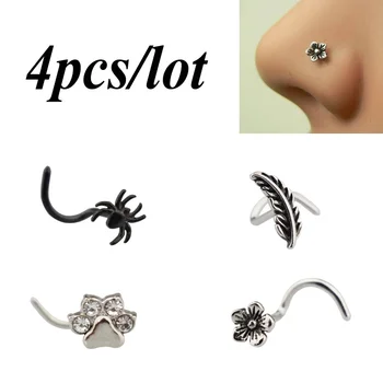 

1-4pcs Copper Nose Stud Piercing Set Ring Stainless Steel Flower Spider Bone Nariz Rings Feather Paw for Women Body Jewelry 20G