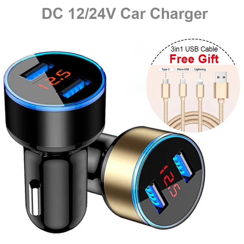 

2USB ports QC 3.0 Car Charger Quick Charge 3.0 Auto USB Charger Adapter with Battery voltage monitor with free gift 3in1 cable