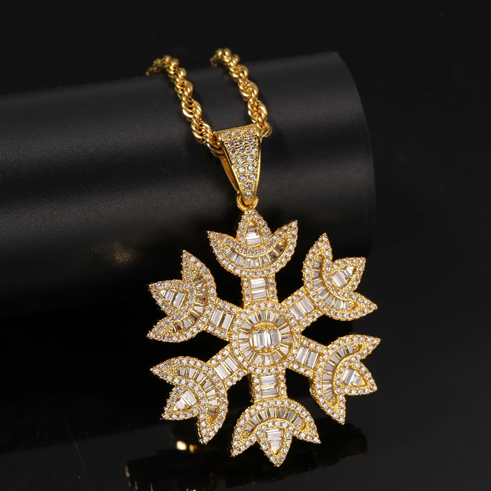 UWIN Fashion Men Women Baguette Snow Shape Pendant Necklace Gold Color Iced Bling Bling Cubic Zirconia Hiphop Jewelry